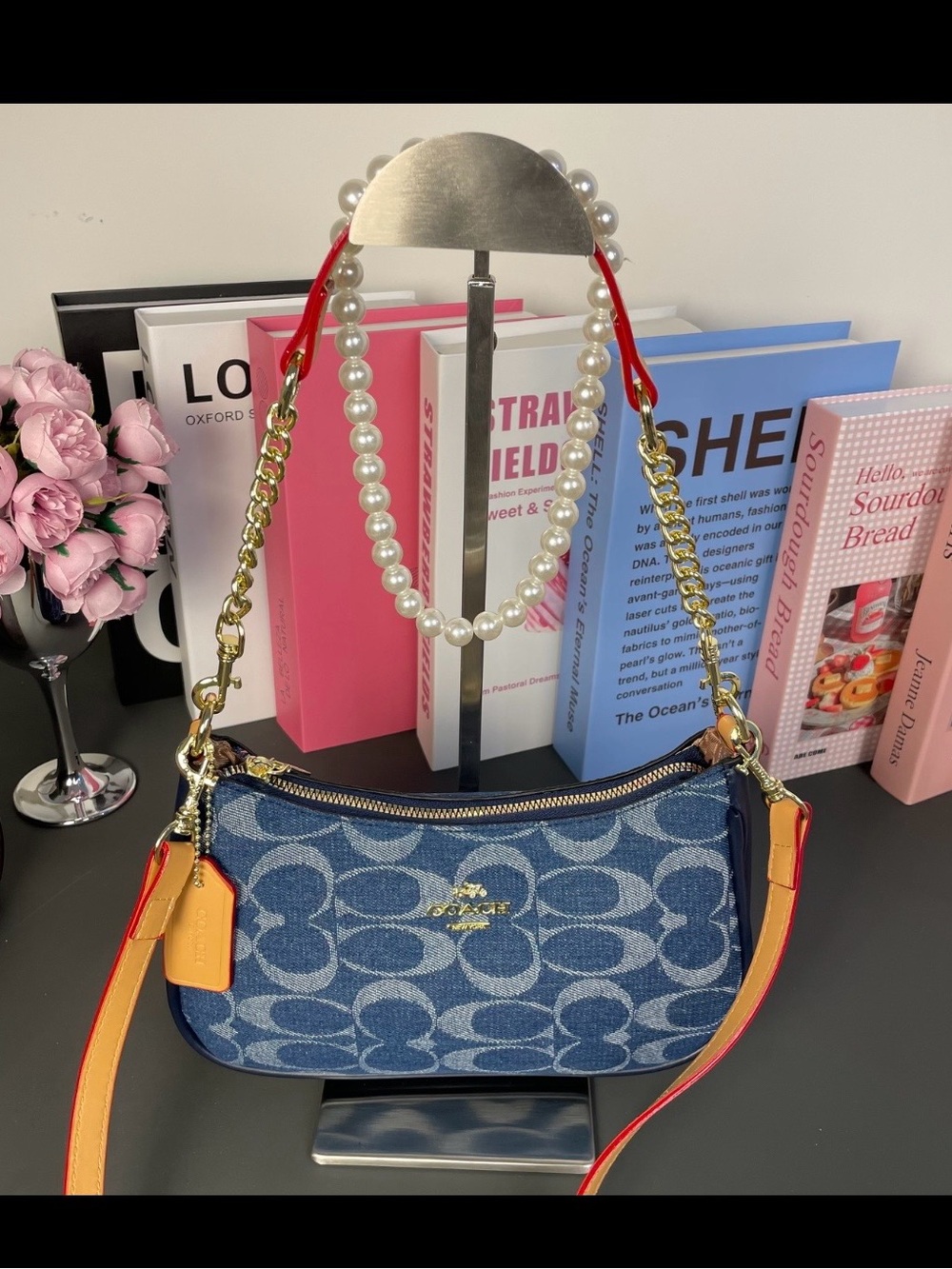 Coach Denim Signature Shoulder Bag with Red-Trim Strap and Pearl Accent